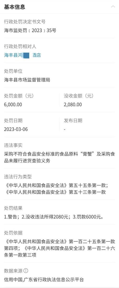 海丰一酒店被处罚 相关单位：未履行检查义务