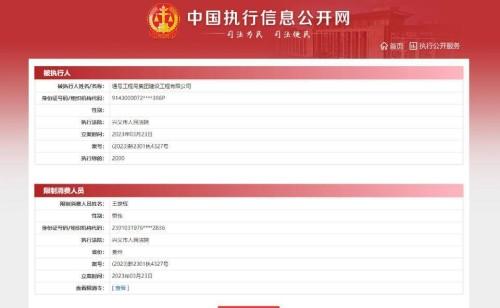 通号工程局集团建设工程有限公司及法人王彦辉被限制消费